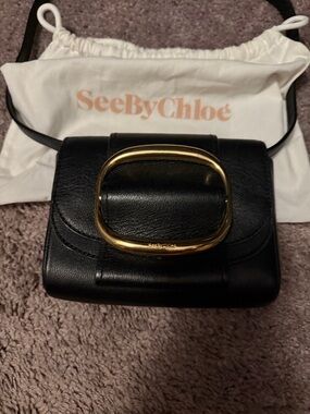 See By Chloe Black Leather Crossbody with Gold Oval Buckle